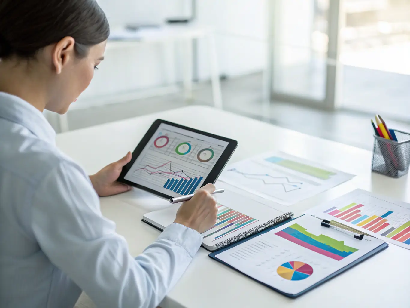 A focused digital marketing strategy session, with a consultant reviewing analytics and planning next steps with a small business owner.