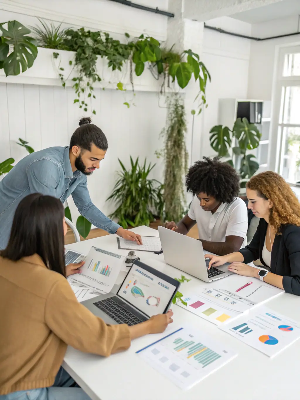 A professional photograph of a team brainstorming SEO strategies in a modern office setting, emphasizing collaboration and data analysis.